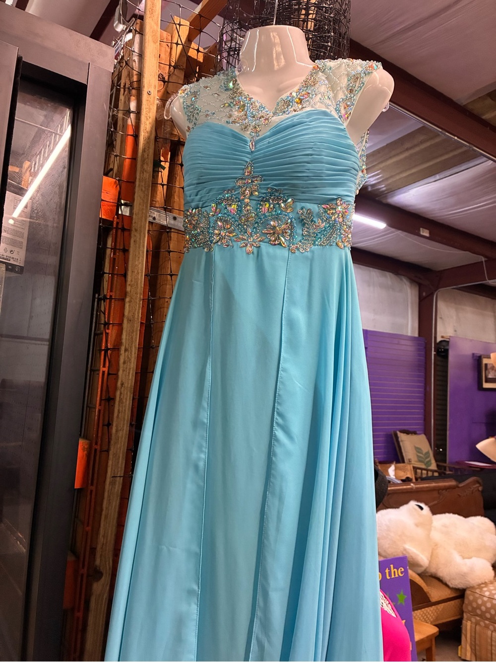 Aqua Beaded Chiffon Prom Dress with Illusion Neckline